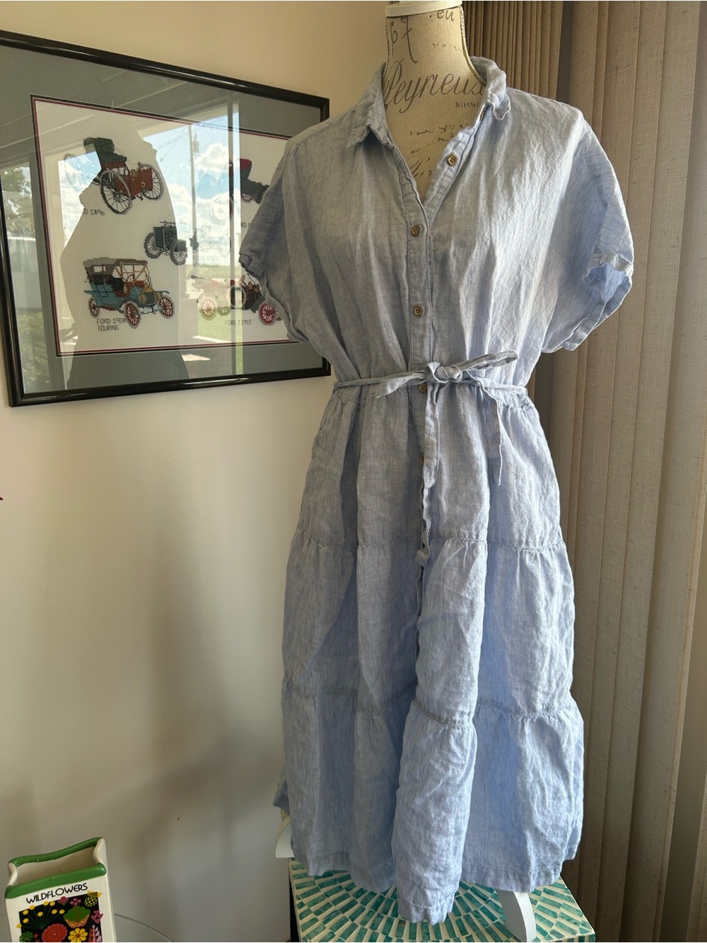 Cynthia Rowley 100% Linen Tiered Shirt Dress